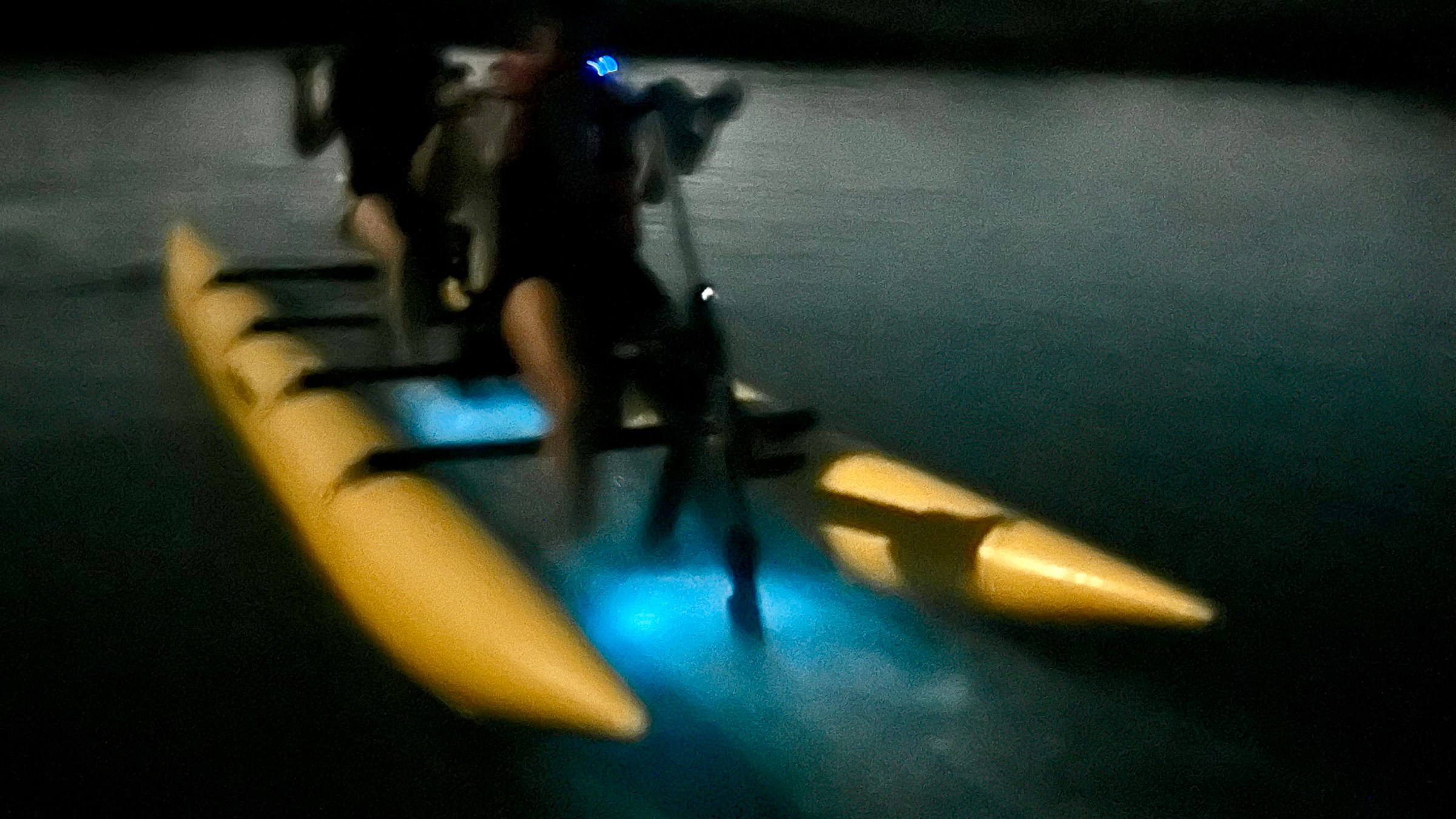Blurry night image of people in a kayak with blue lights on a calm lake.