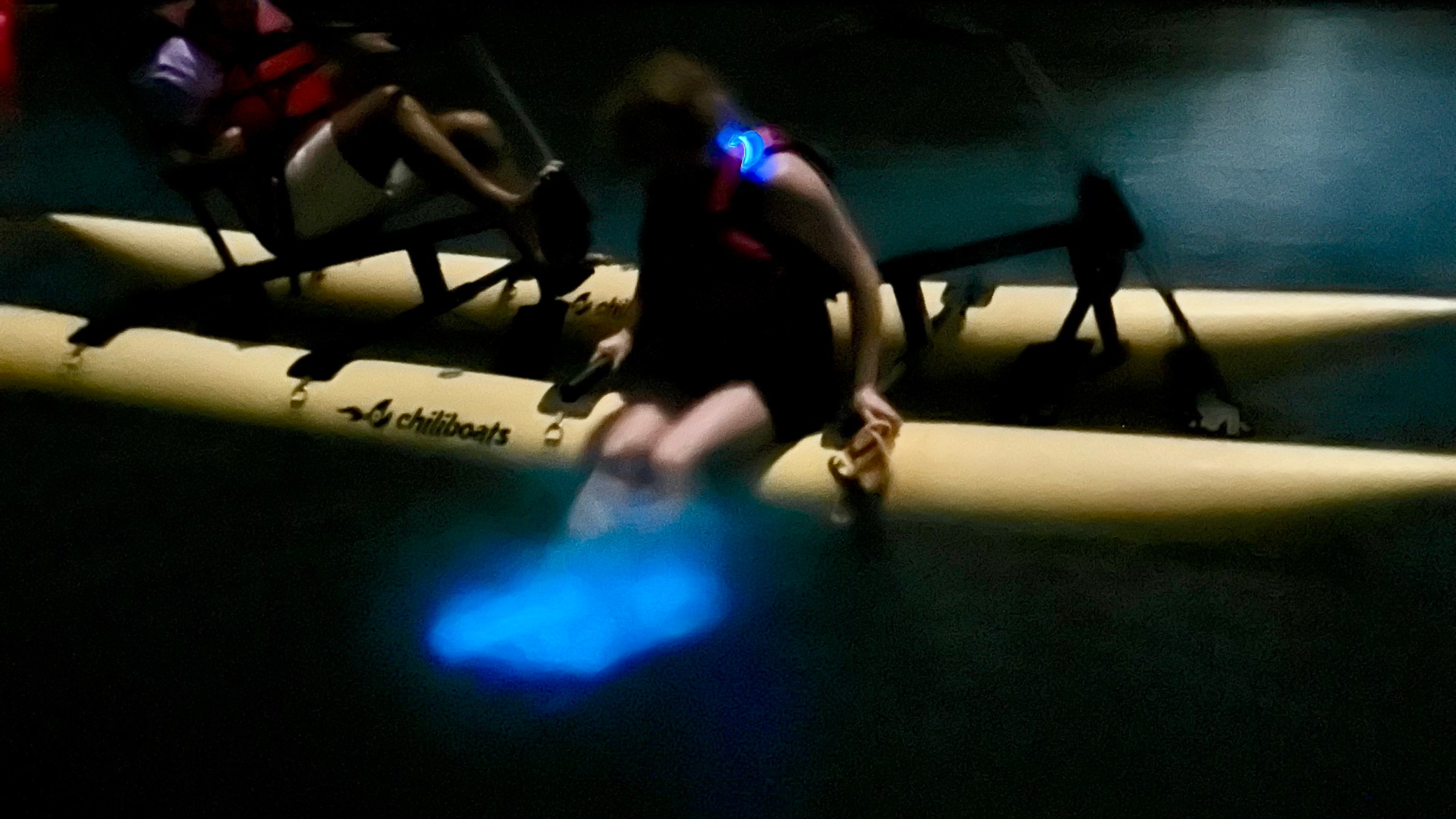 Two people kayaking at night with glowing bioluminescence in the water beneath them.