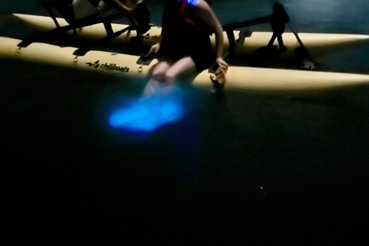 Two people on a kayak with bioluminescent blue glow in the water at night.