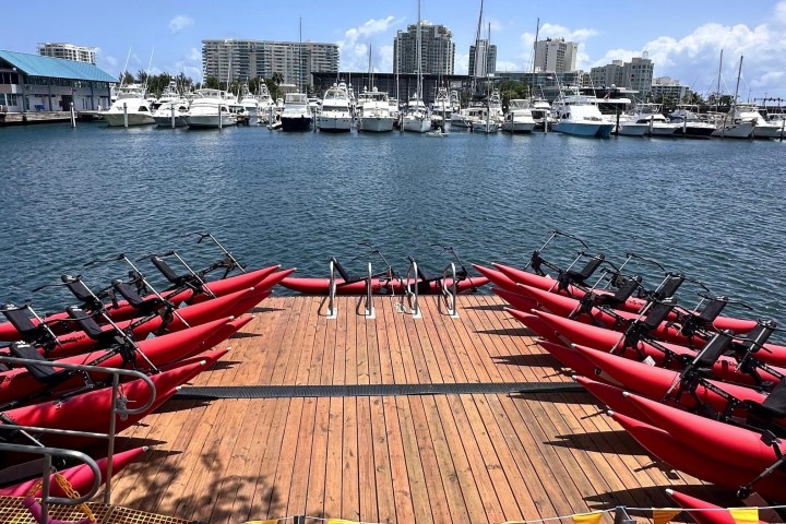 a row of boats in a large body of water