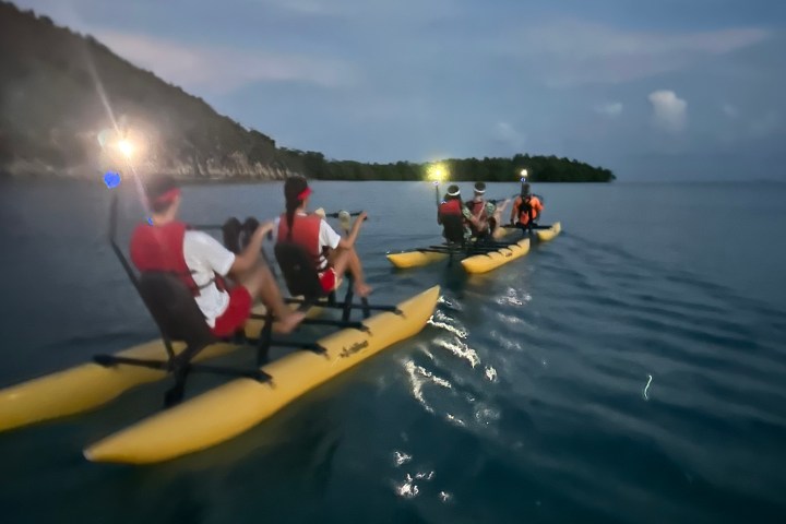 Group kayaking on a calm sea at dusk with headlamps shining, island visible in background.