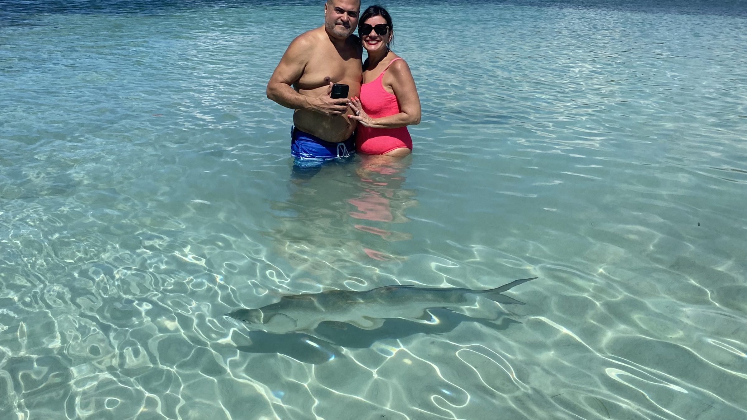 Two people standing in clear shallow water with a shark nearby, boats and hills in the background.