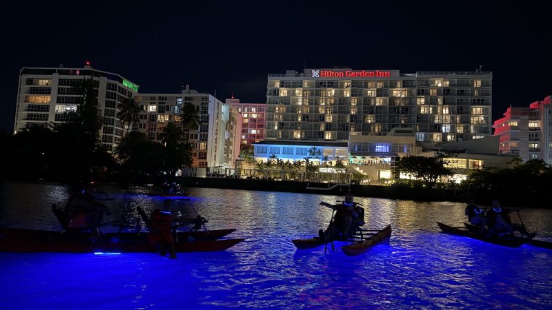 Night view of hotel with glowing kayaks on water, lit by blue lights.