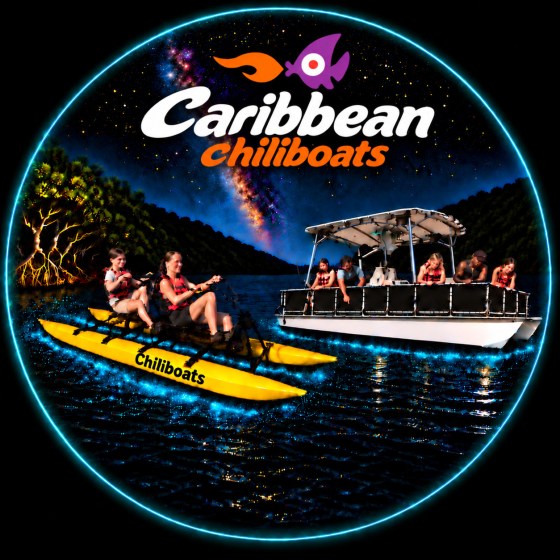 People on kayaks and a boat under a starry sky, with 'Caribbean Chiliboats' text.