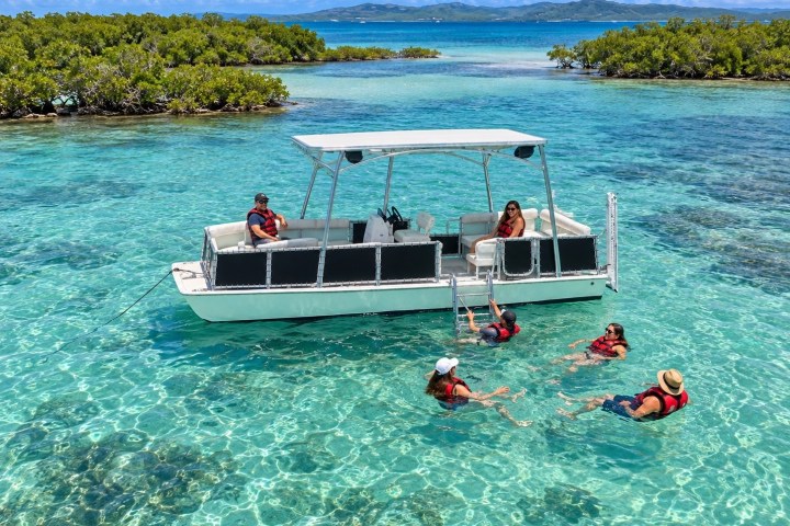 People swimming beside a boat in clear turquoise water with greenery in the background.