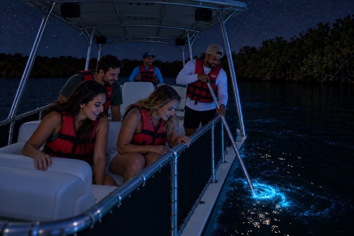 Group on a boat at night observing glowing water.