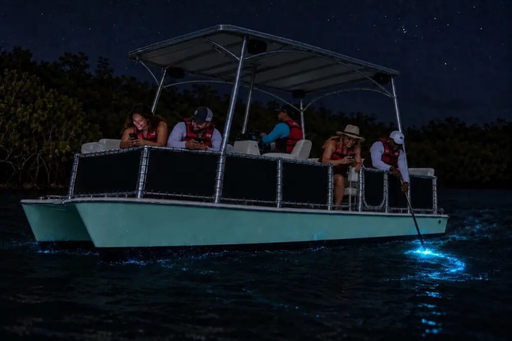People on a boat in dark water with glowing blue light.