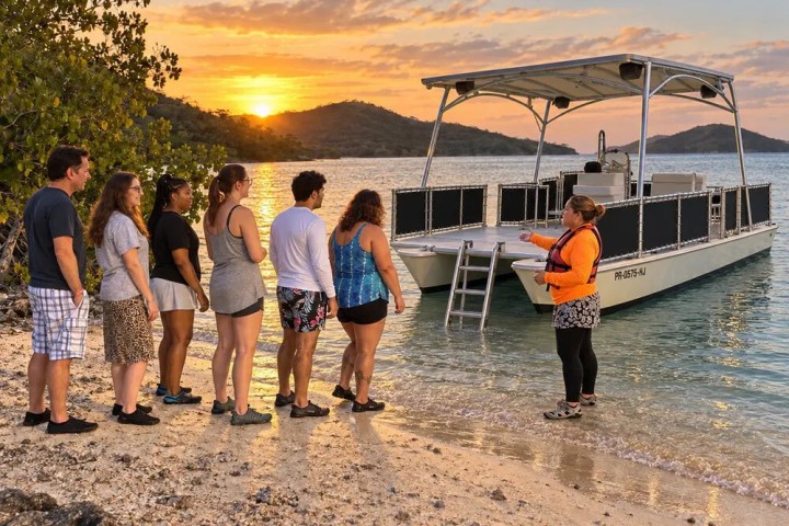 People on a beach listen to a guide near a boat at sunset.